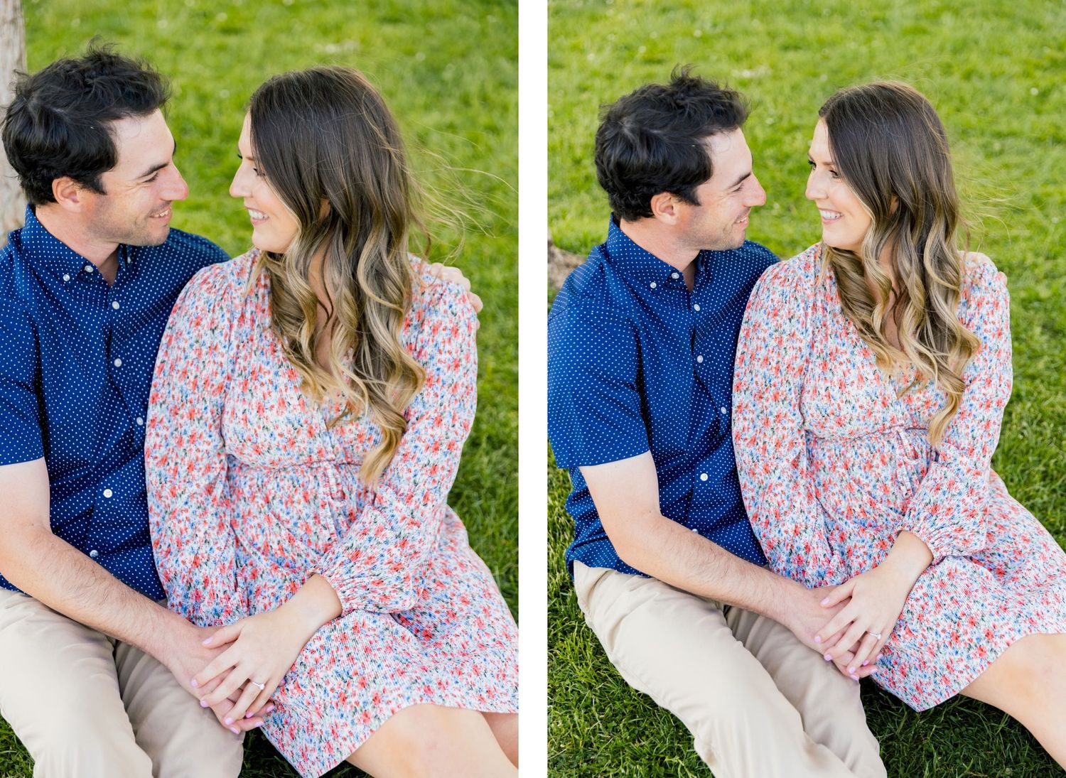 Side by side portraits of a couple in coordinated outfits sitting together on grass.