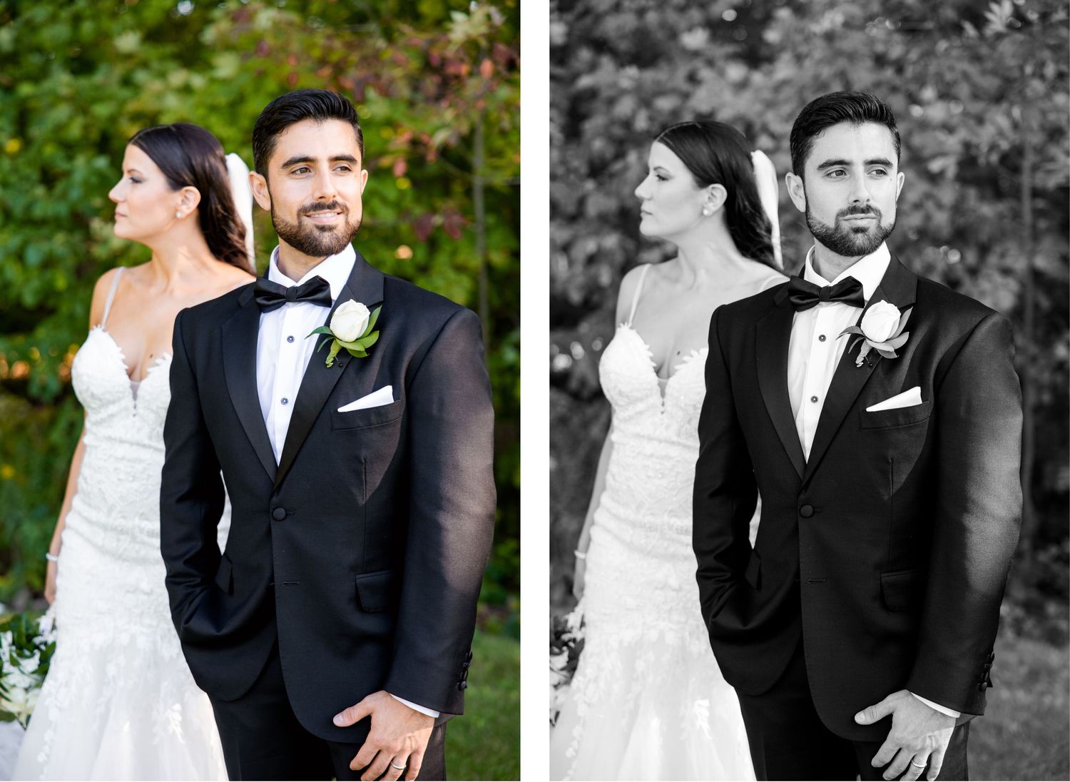 Side-by-side color and black and white portraits of a newlywed couple in formal wedding attire.