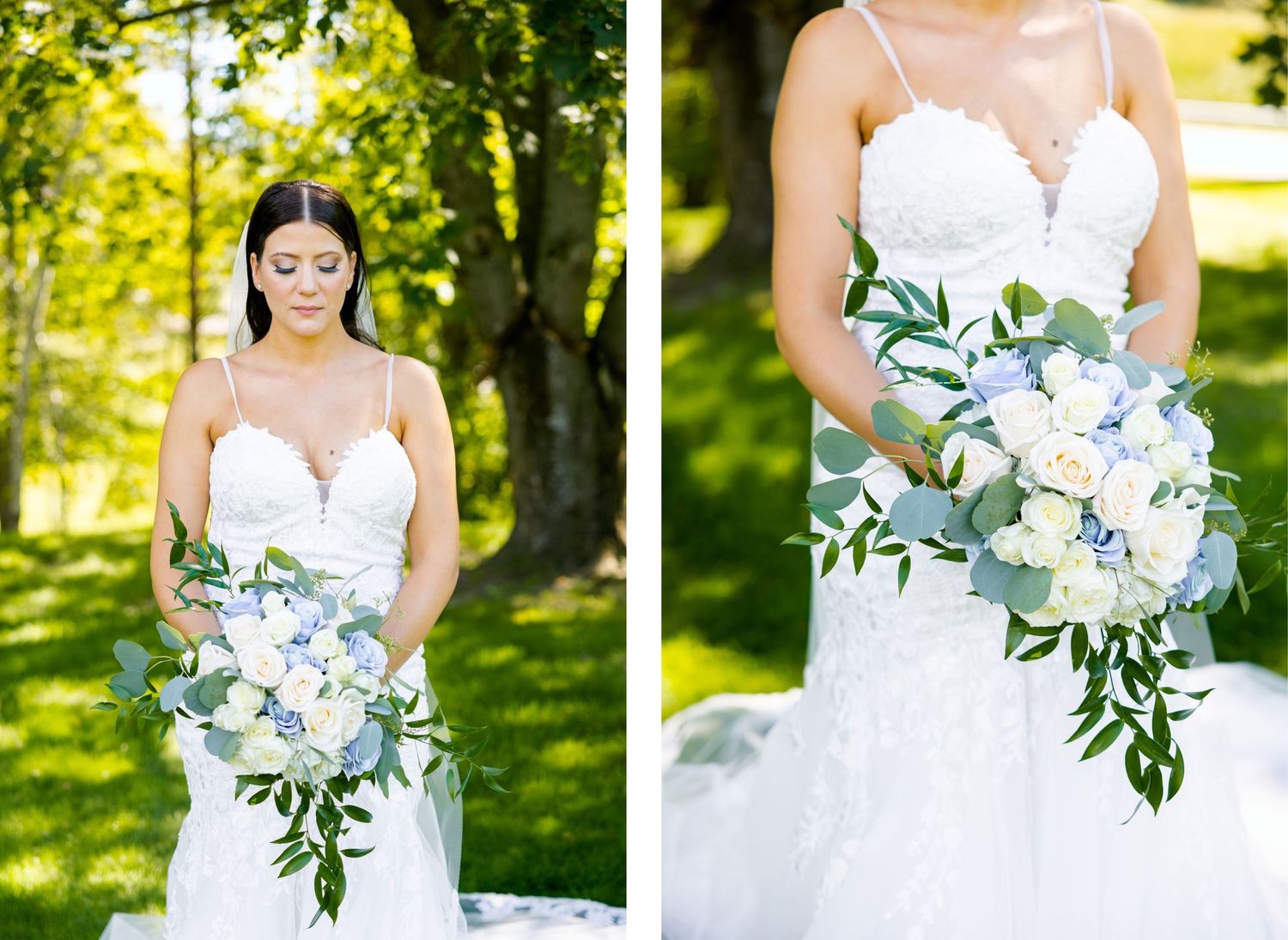 Side-by-side photos of a bride in white gown with cascading blue and white floral bouquet.