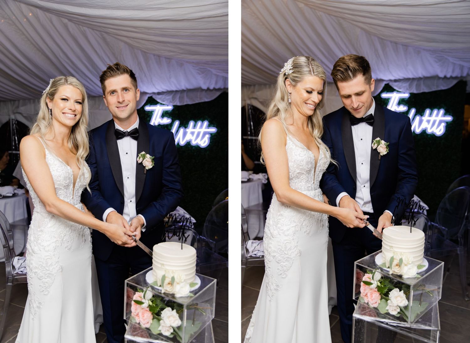 Newlyweds cutting their white wedding cake together under twinkling neon lights at reception.