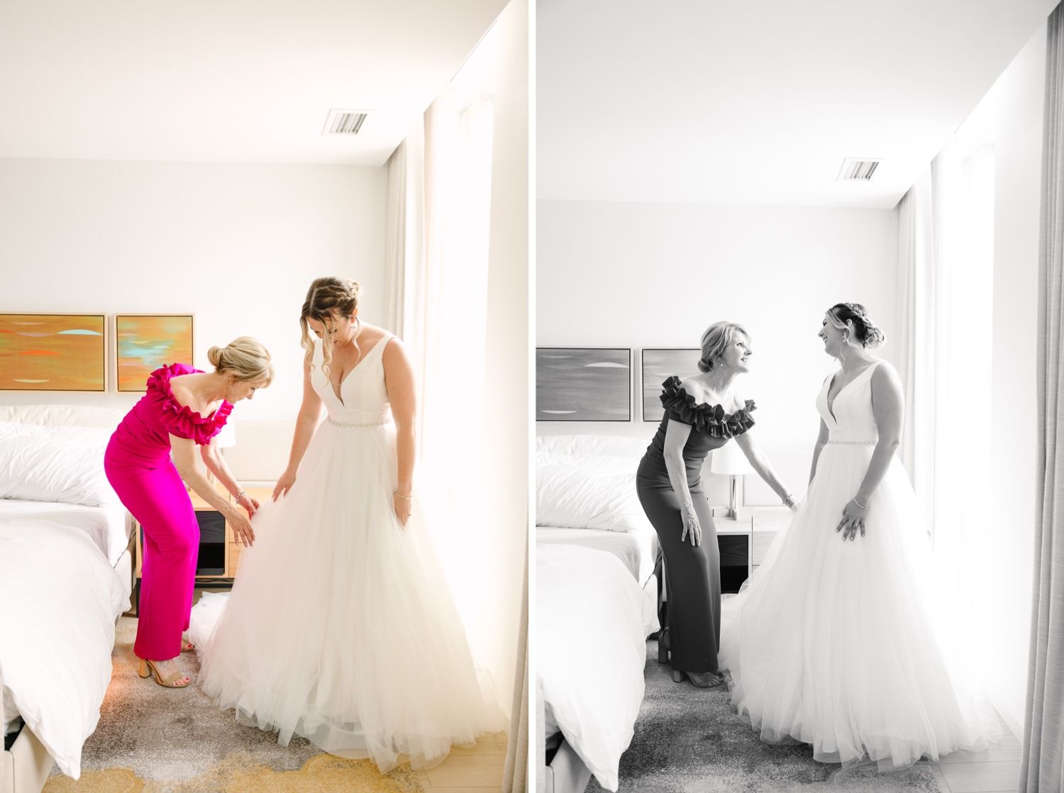 Side-by-side images of wedding dress adjustments in color and black-and-white.