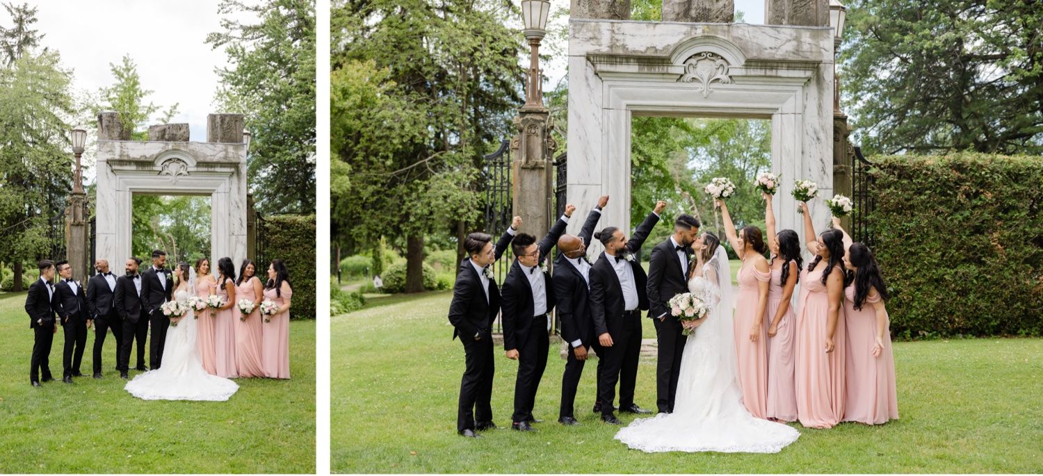 Split view of wedding party photos taken under a classical stone archway with pink and black color scheme.