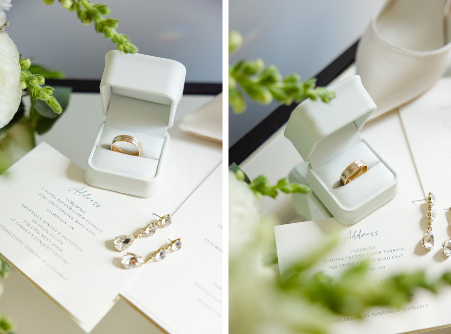 Wedding rings and jewelry displayed with invitation stationery and delicate greenery.