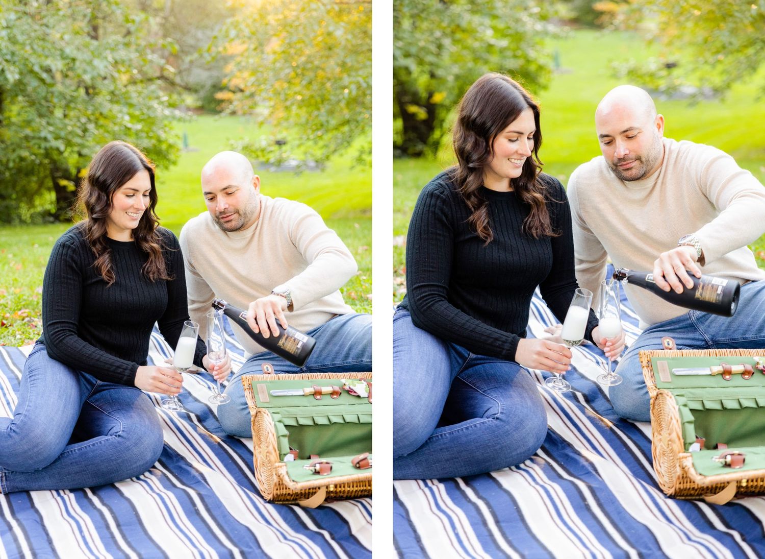 Couple shares playful moment while sitting on blue striped blanket in park.