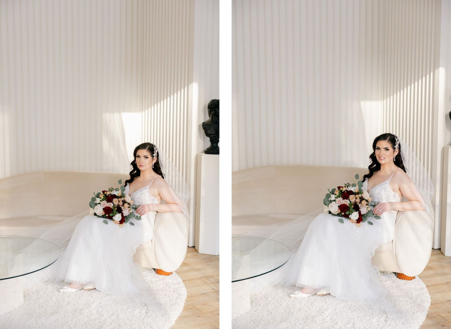 Bridal portrait in white room with natural lighting and floral bouquet.