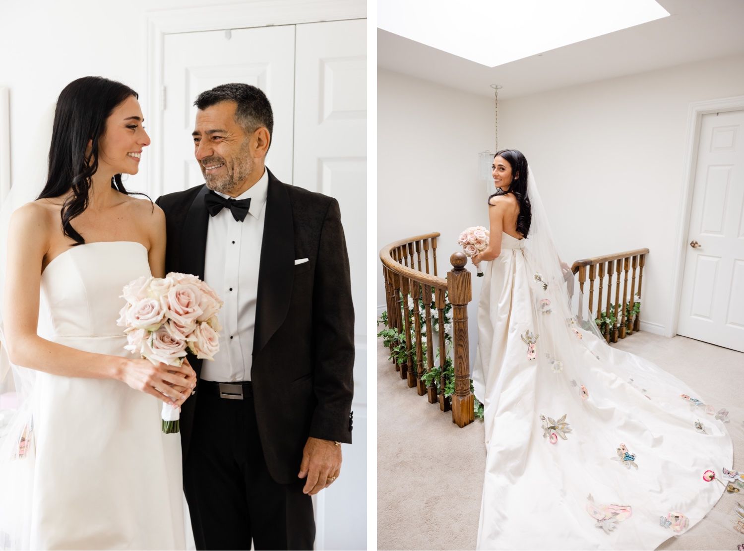 Wedding couple shares laughter while posing for portraits in elegant attire.