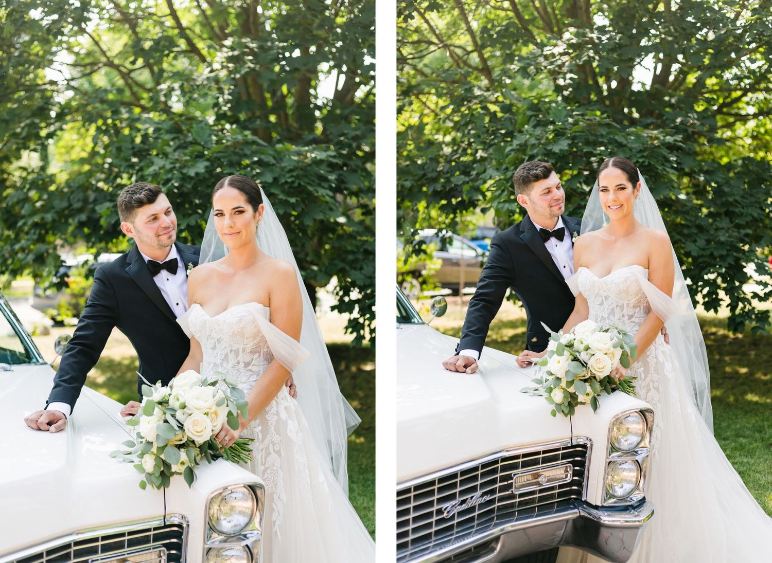Playful wedding couple poses with vintage white Cadillac in garden setting.