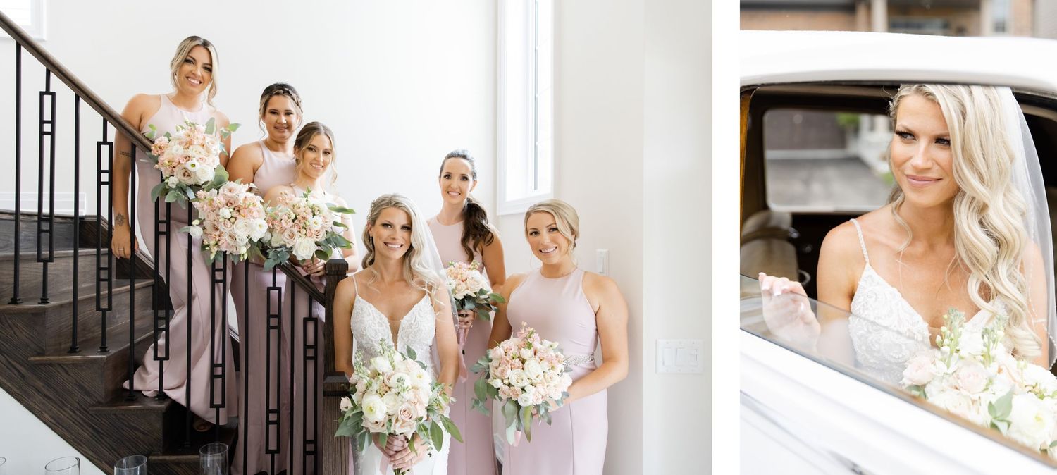 Wedding party in blush bridesmaid dresses poses elegantly on a grand staircase with bouquets.