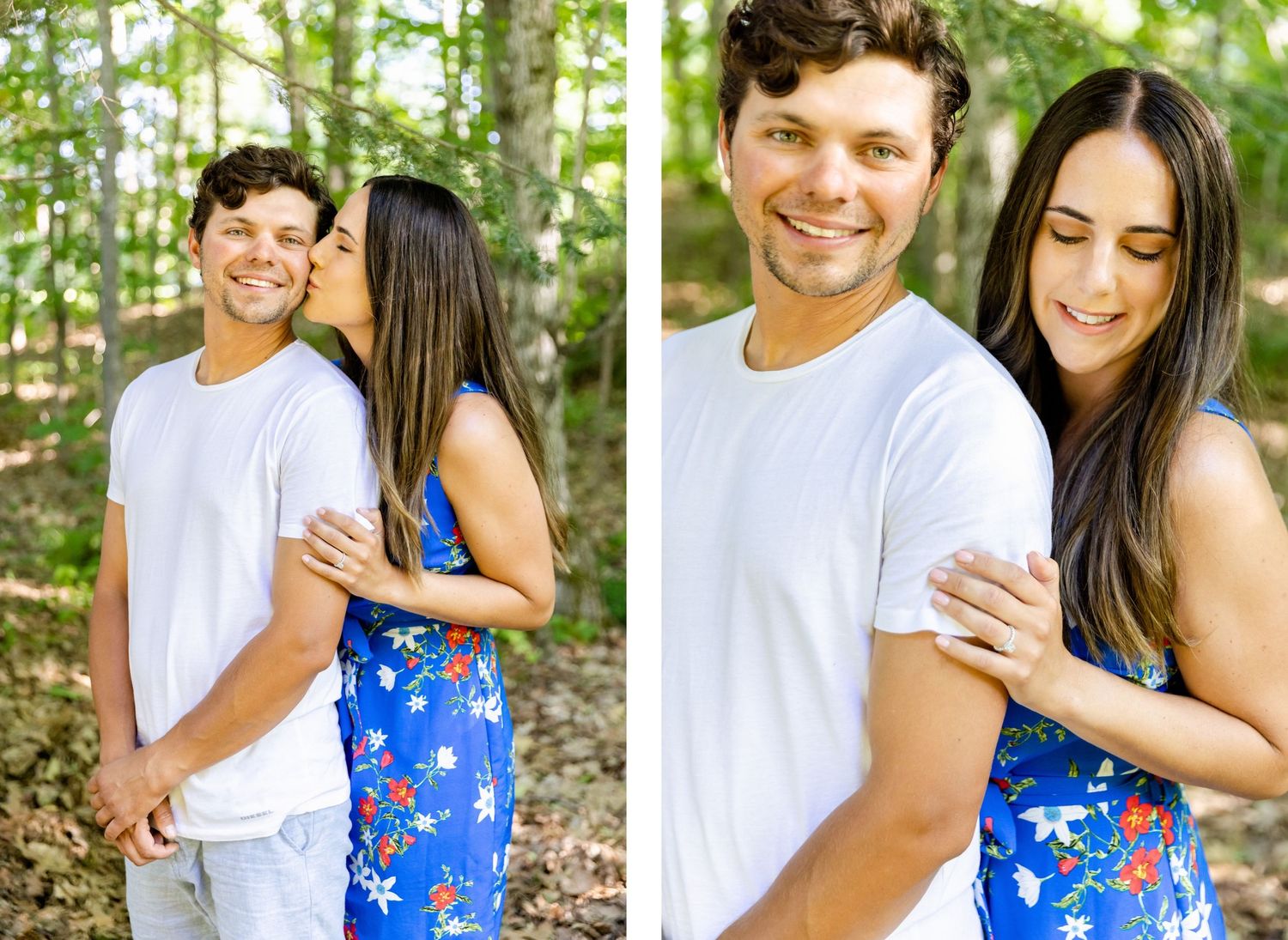 A romantic couple poses for portraits in a forest, wearing casual summer outfits.