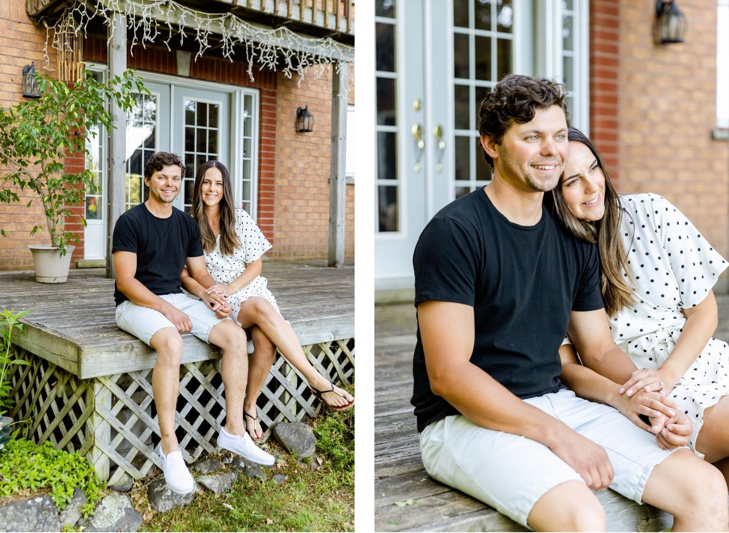 Two engagement photos showing couple sitting on porch steps of brick house with white trim.