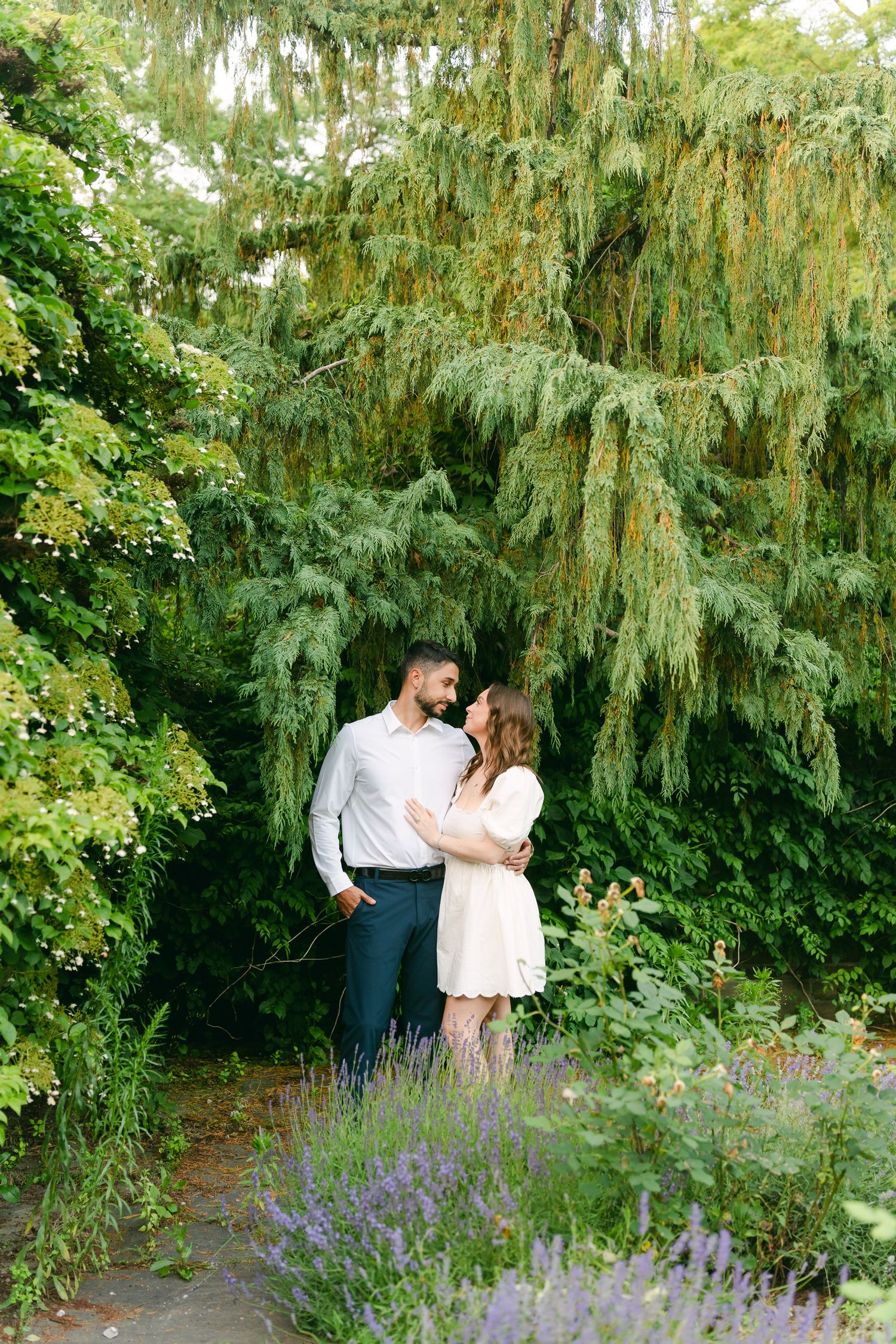 A romantic moment captured in a garden with drooping willow branches and lavender flowers.