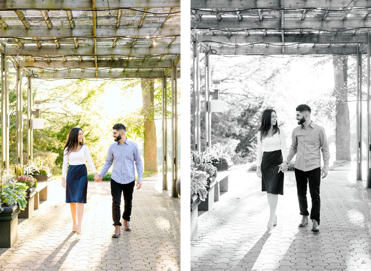 Side-by-side color and black-white photos of a couple walking under a garden pergola.