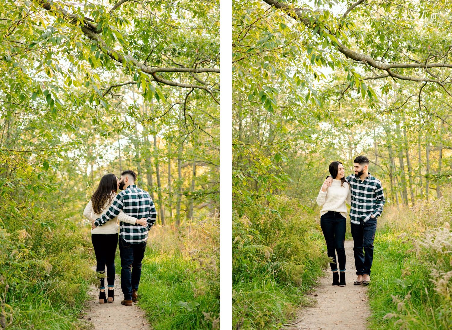 Couple walking together on a nature path through sunlit trees.