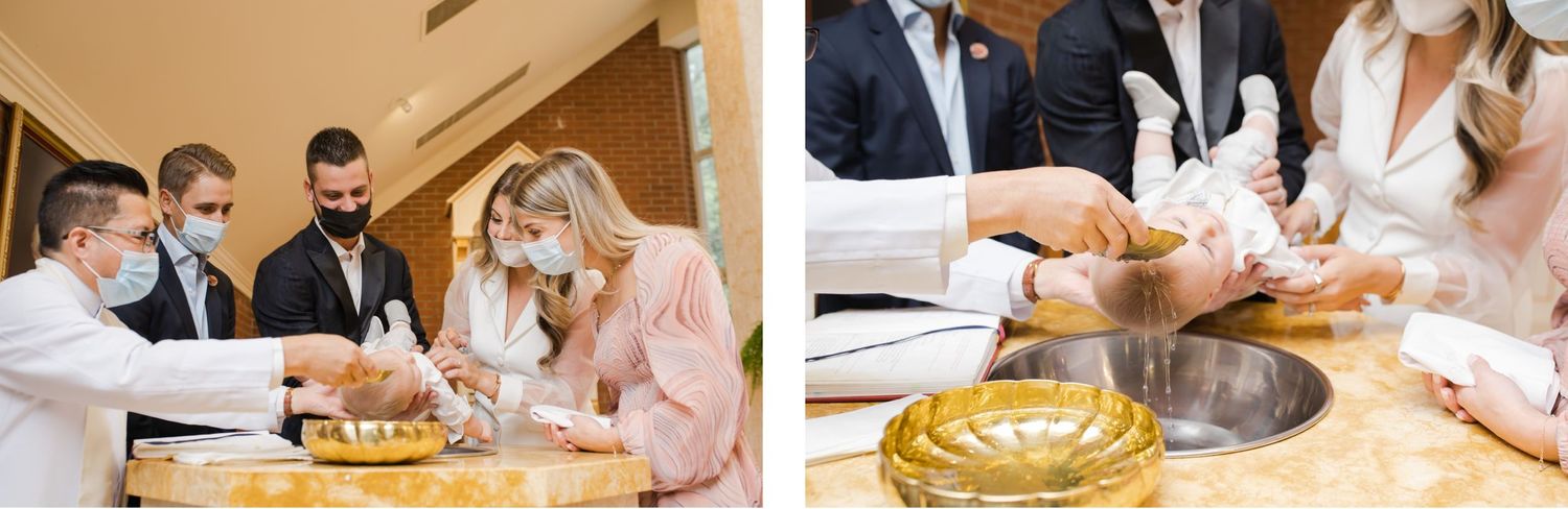 Split image showing religious ceremony proceedings and baptismal blessing.