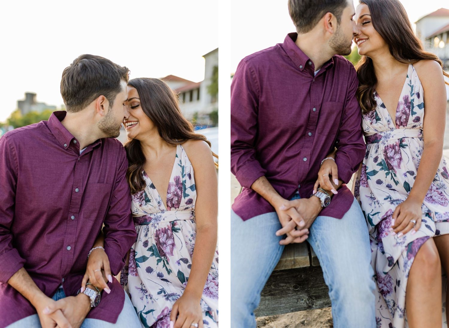 Intimate moment captured between couple in coordinating outfits by the water.