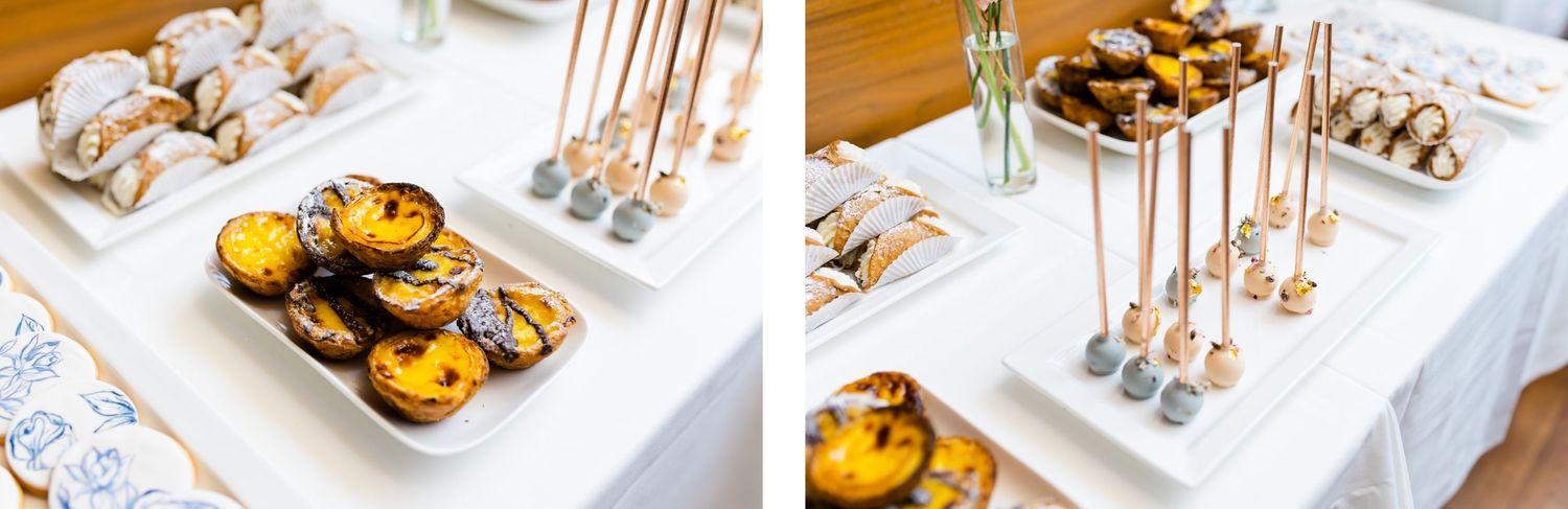 Elegant dessert table display with pastries and gold-handled serving utensils.