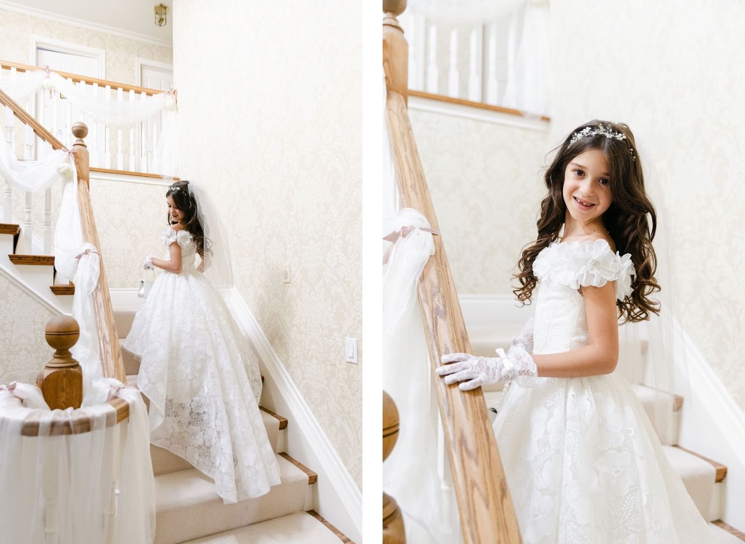 Two views of an ornate white baptism dress on wooden staircase with white railings.