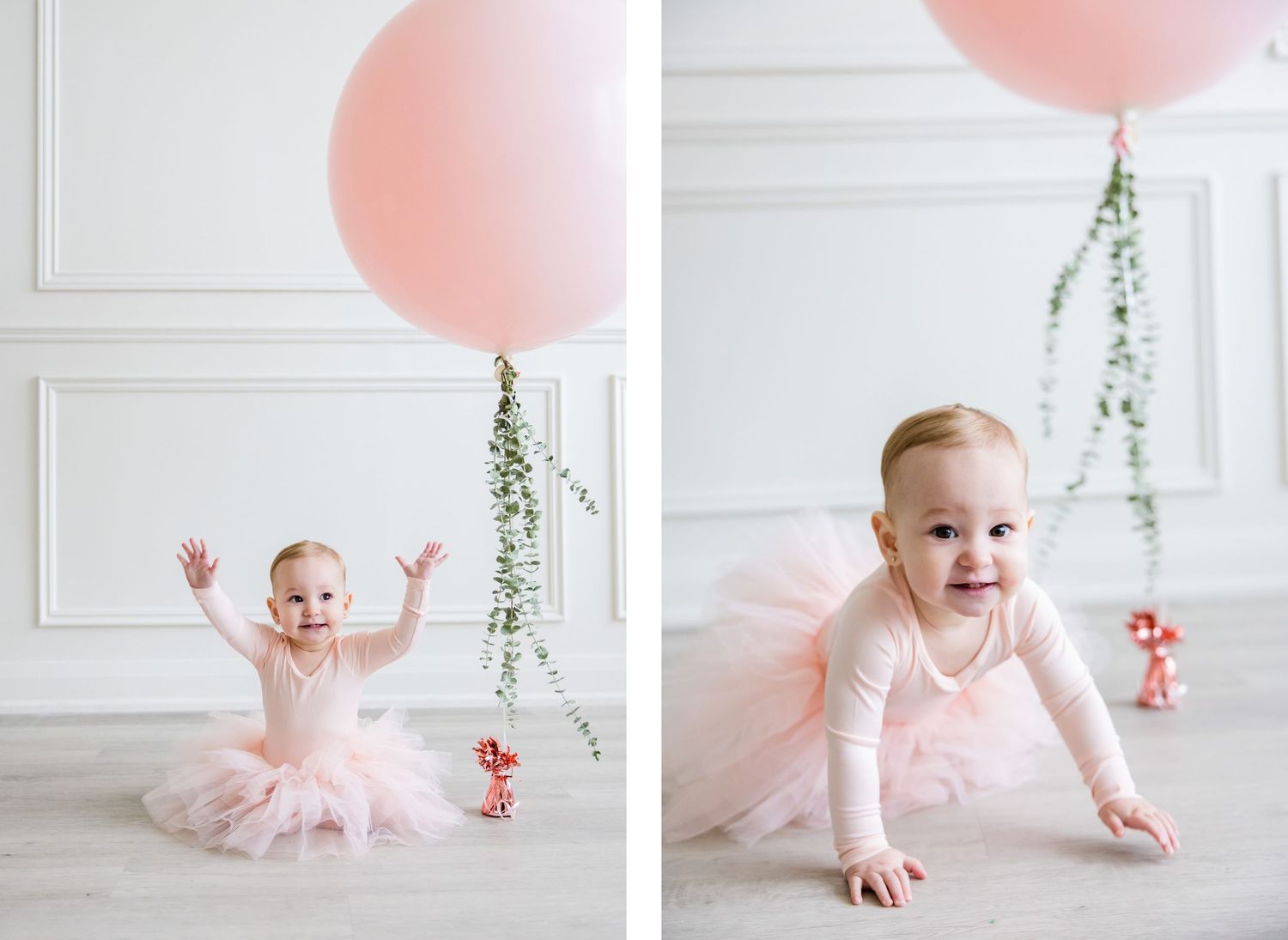 Two photos of toddler in pink tutu with balloon and decorative greenery against white wall.