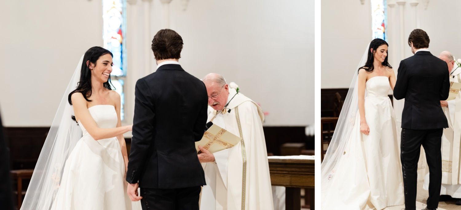 Wedding ceremony taking place at the altar of a traditional white church with stained glass windows.