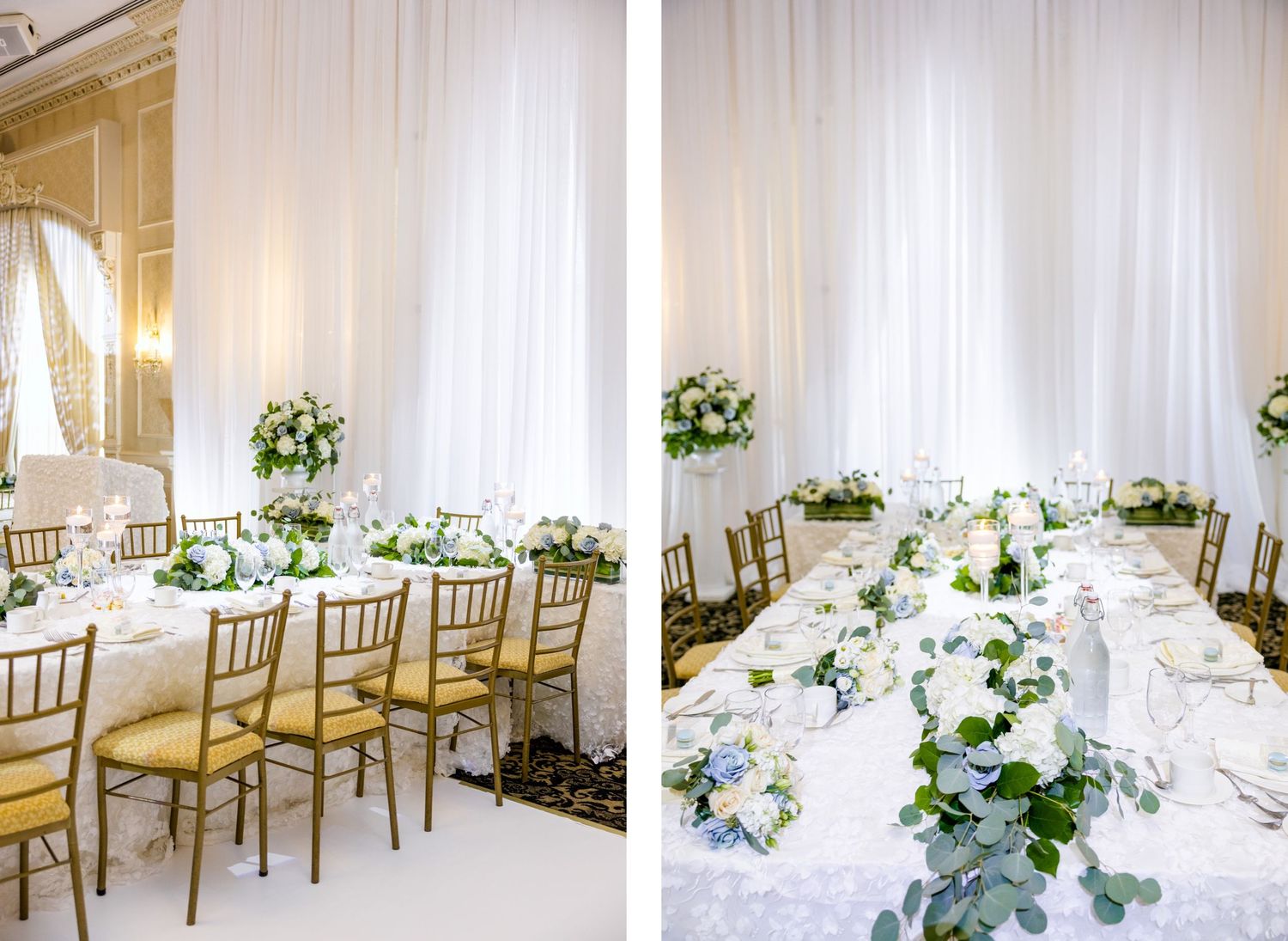 White draped reception room with elegant table settings and gold chiavari chairs.