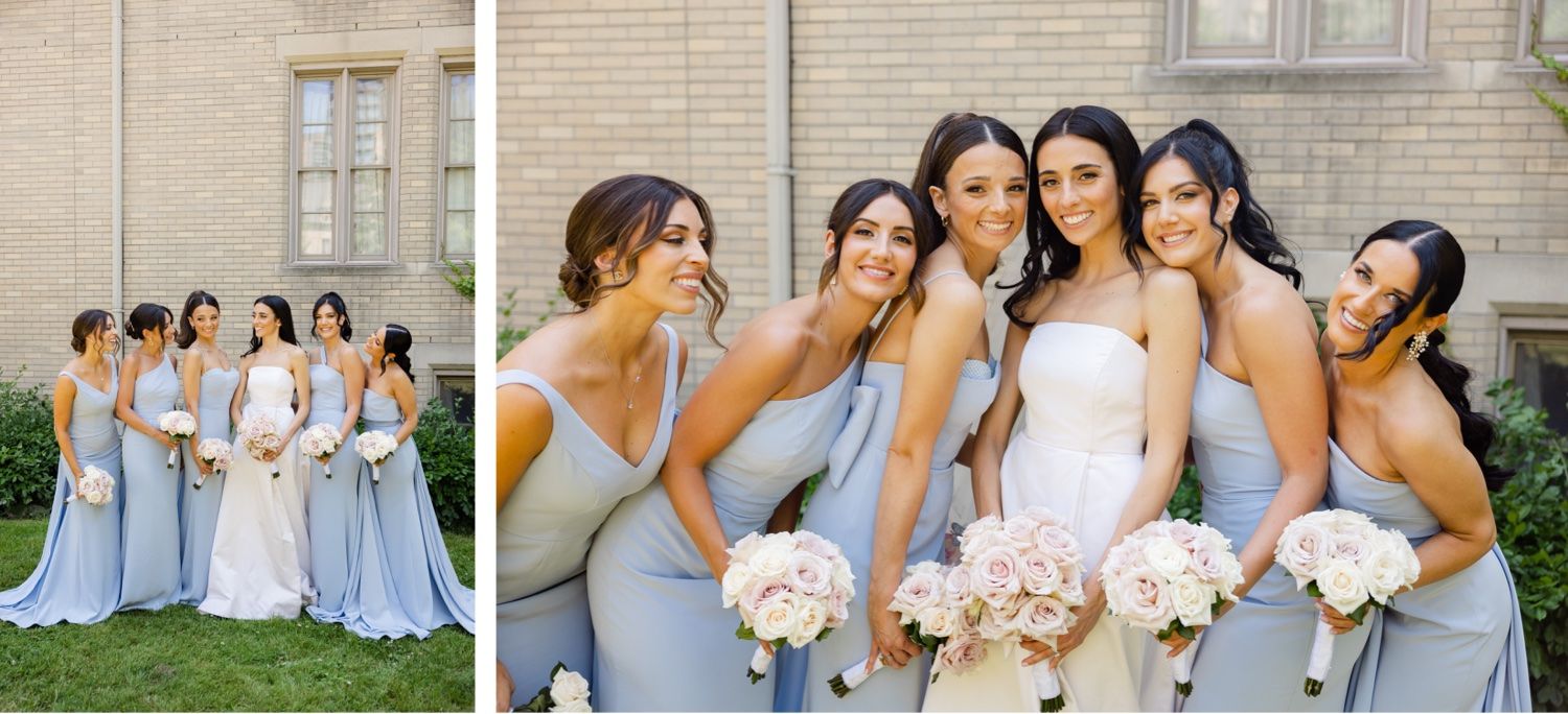 Wedding party in soft blue gowns share intimate moments while posing for photos.