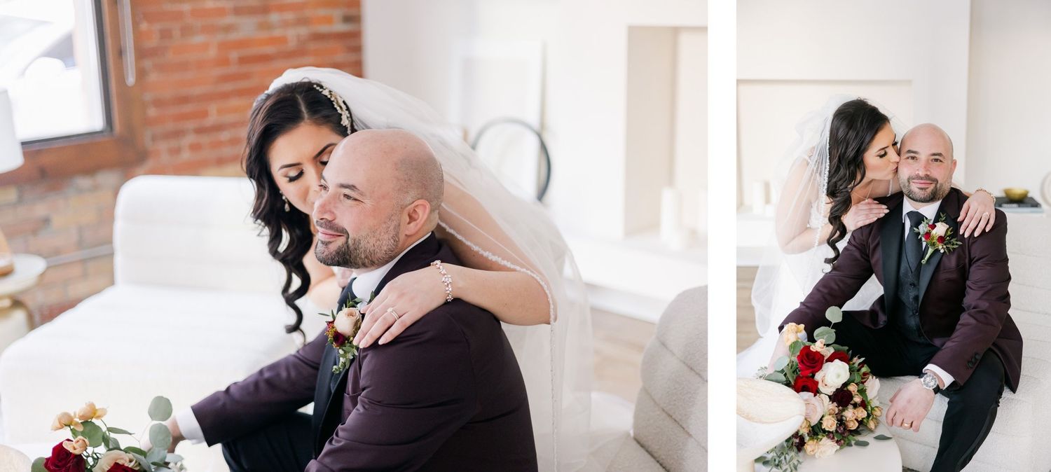 Candid wedding photos showing tender moments between the couple.