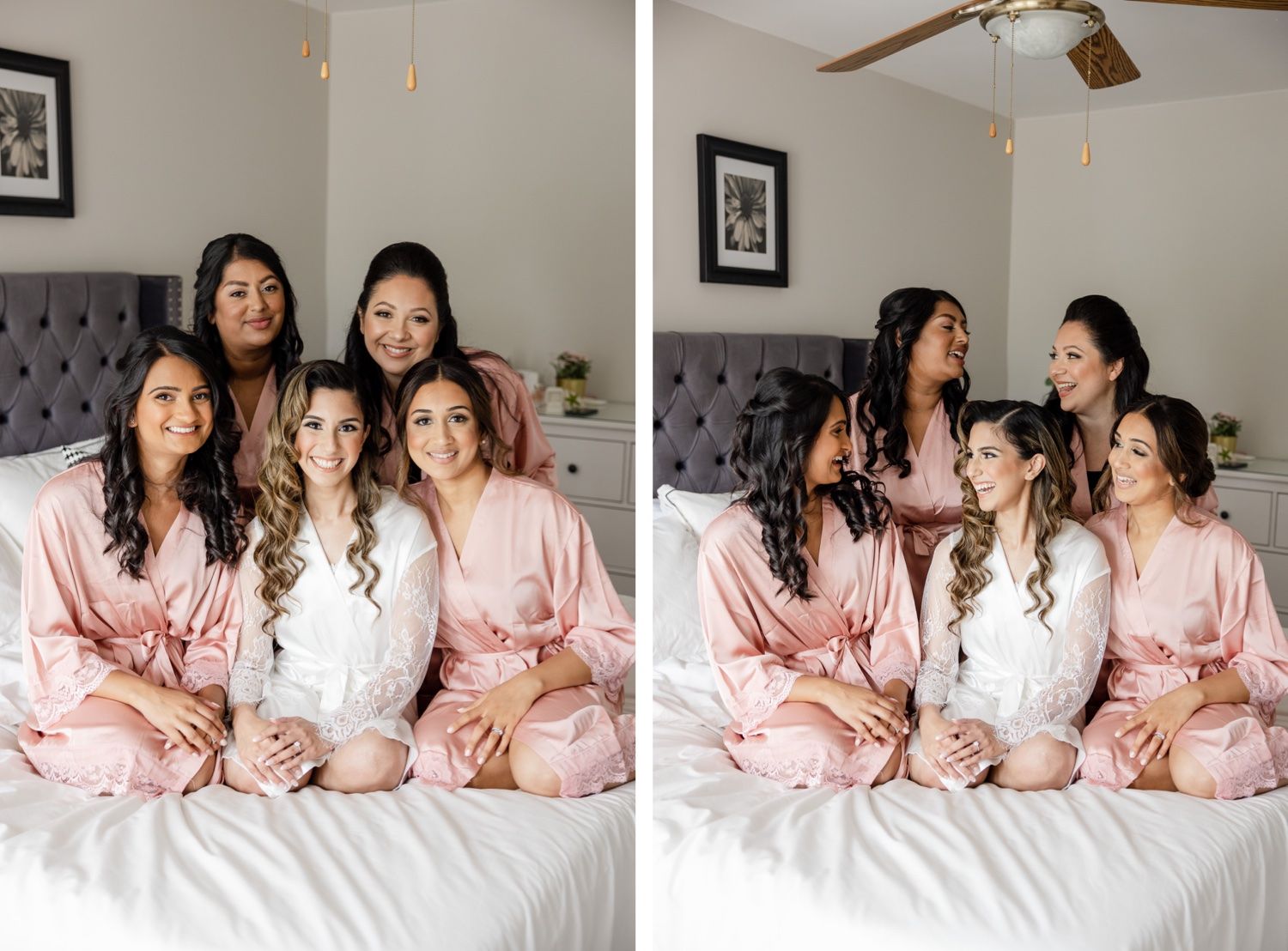 Wedding party wearing pink and white robes relaxing together on gray tufted headboard bed.