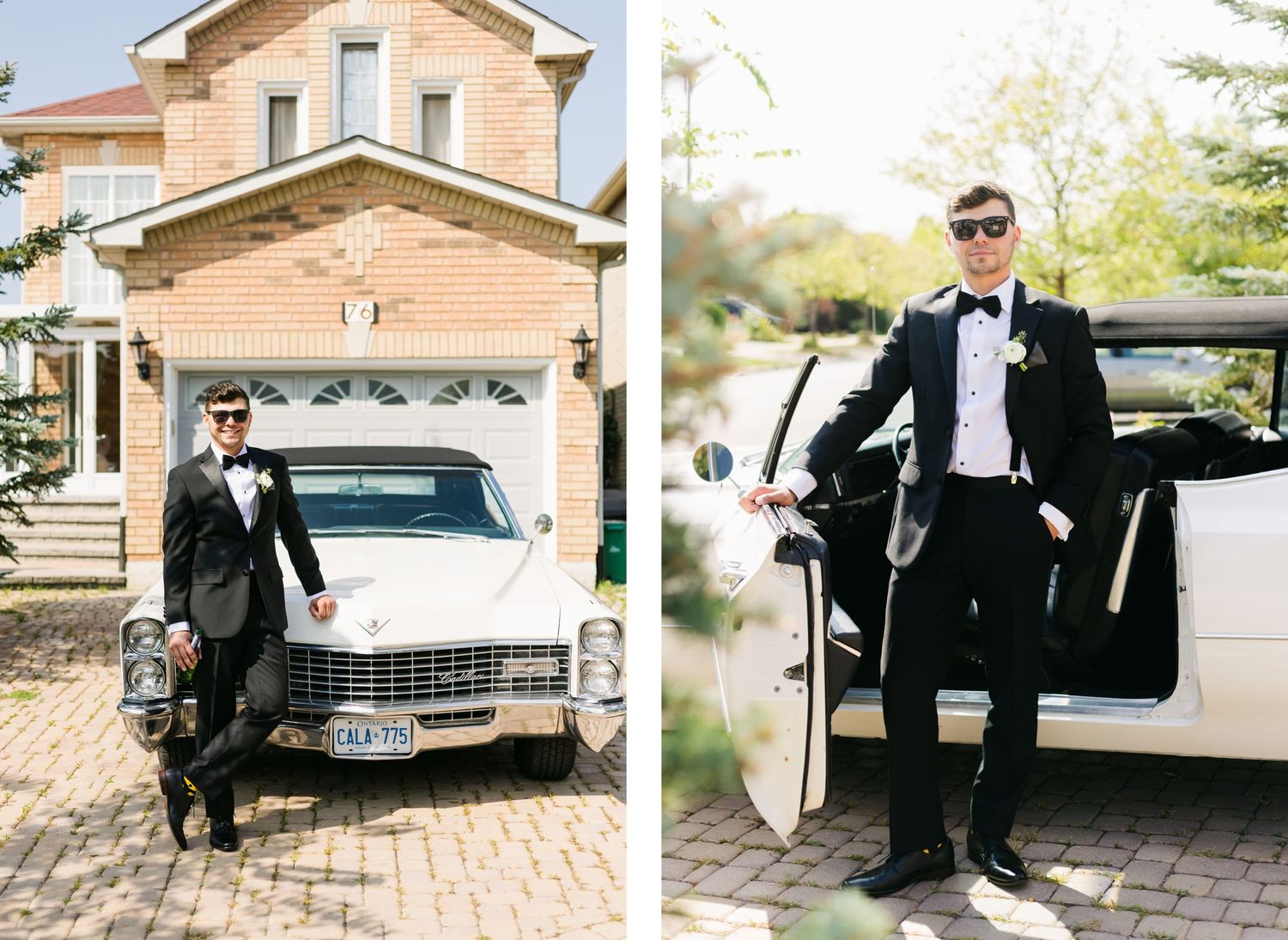 Dapper poses with vintage white car showing classic formal style and elegance.