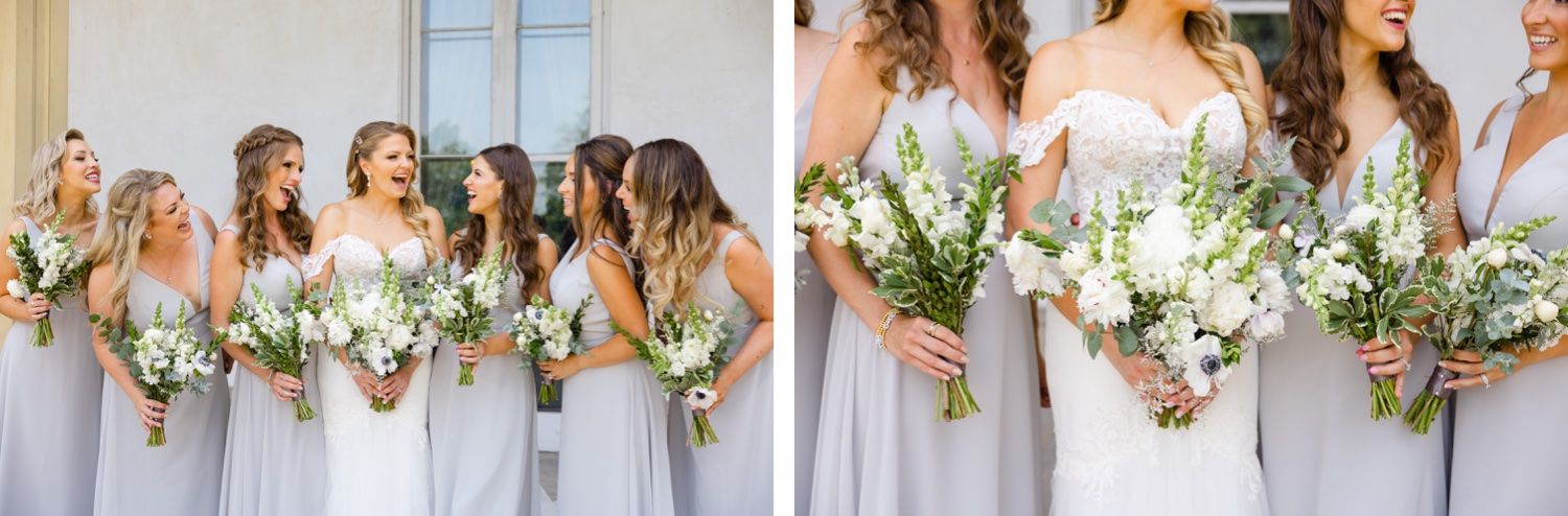 Two shots of bridesmaids in flowing gray dresses with white bouquets during wedding photos.