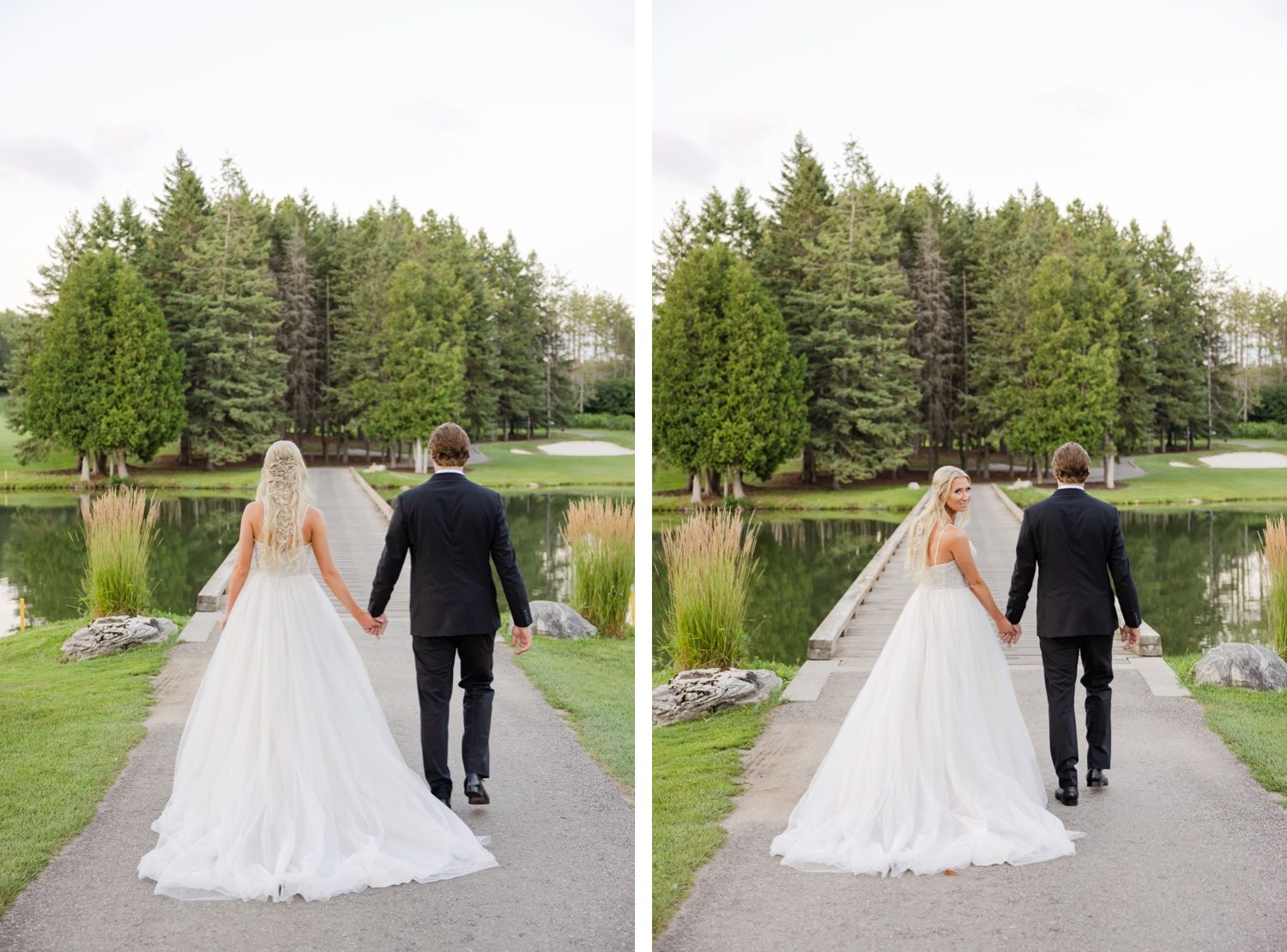 Couple walking hand in hand down tree-lined path in formal wedding attire.