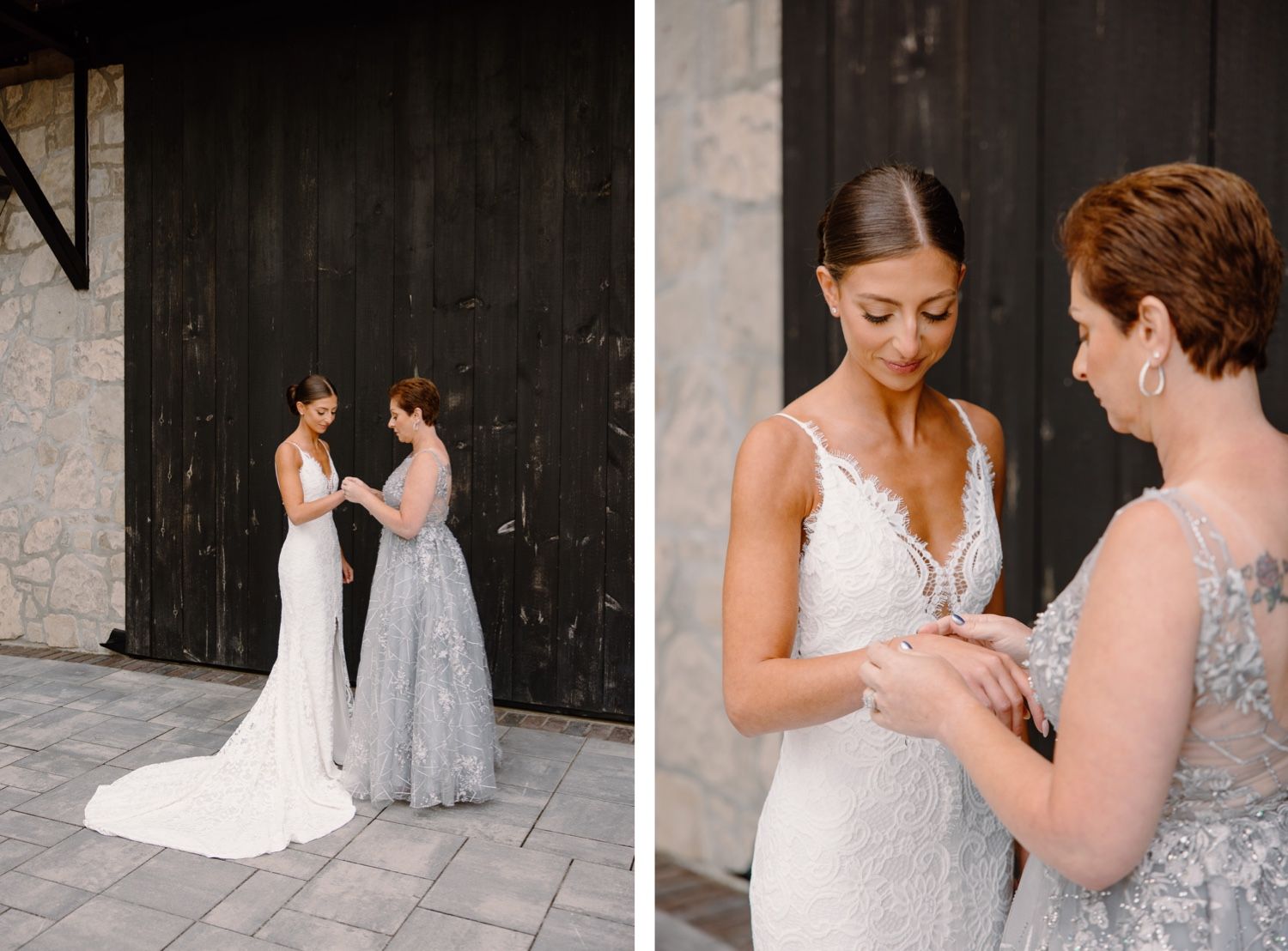 Wedding day moments captured against rustic wall backdrop.