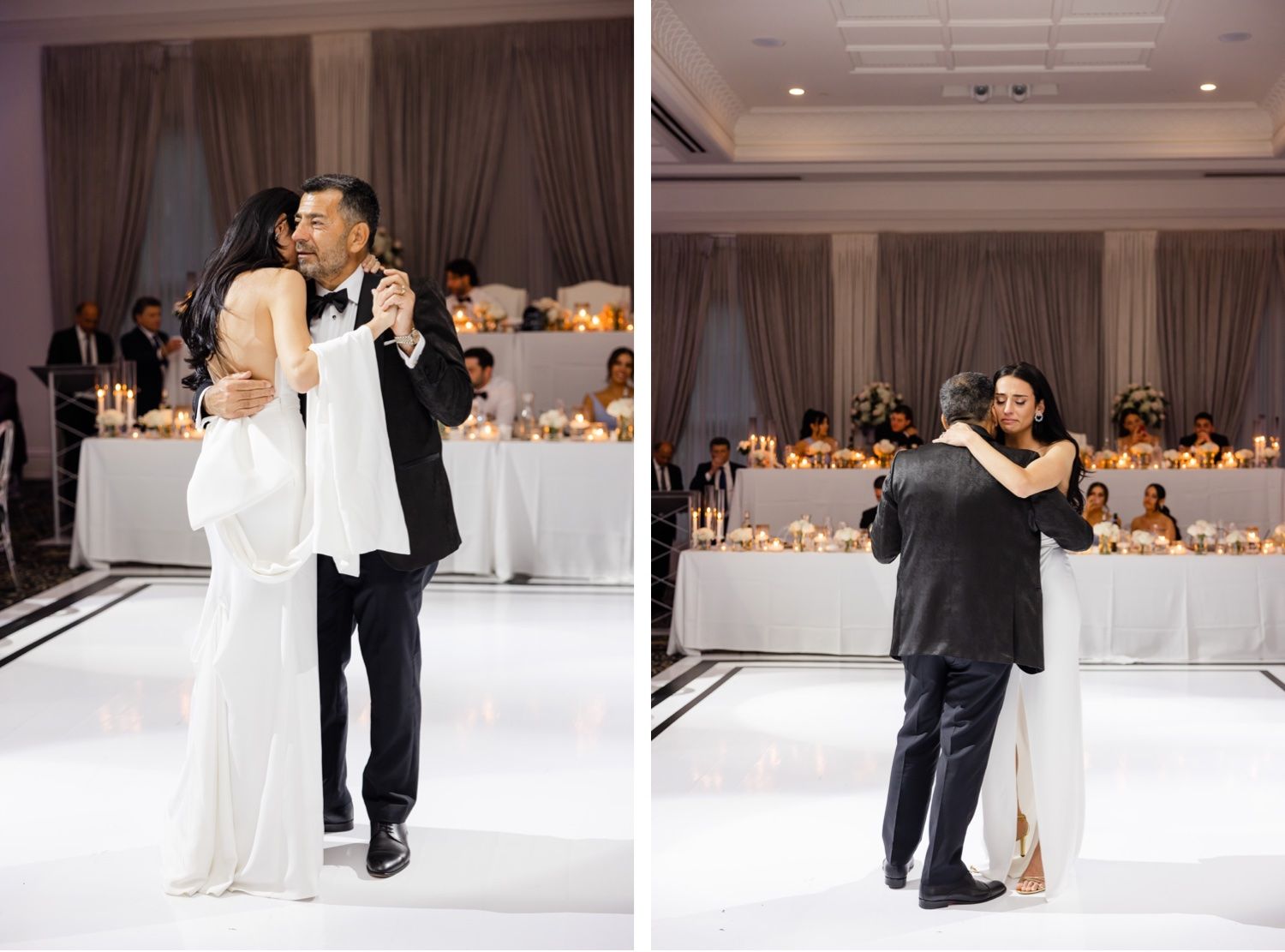 Bride and groom share their first dance on an elegant white dance floor at their wedding reception.