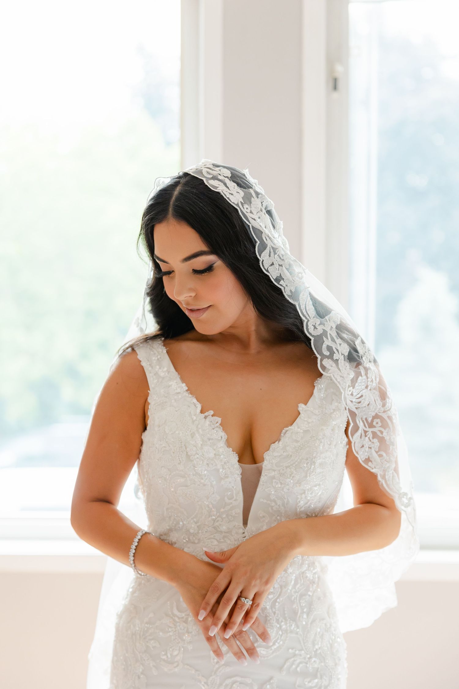 Elegant bridal portrait showcasing intricate lace dress details and flowing veil.
