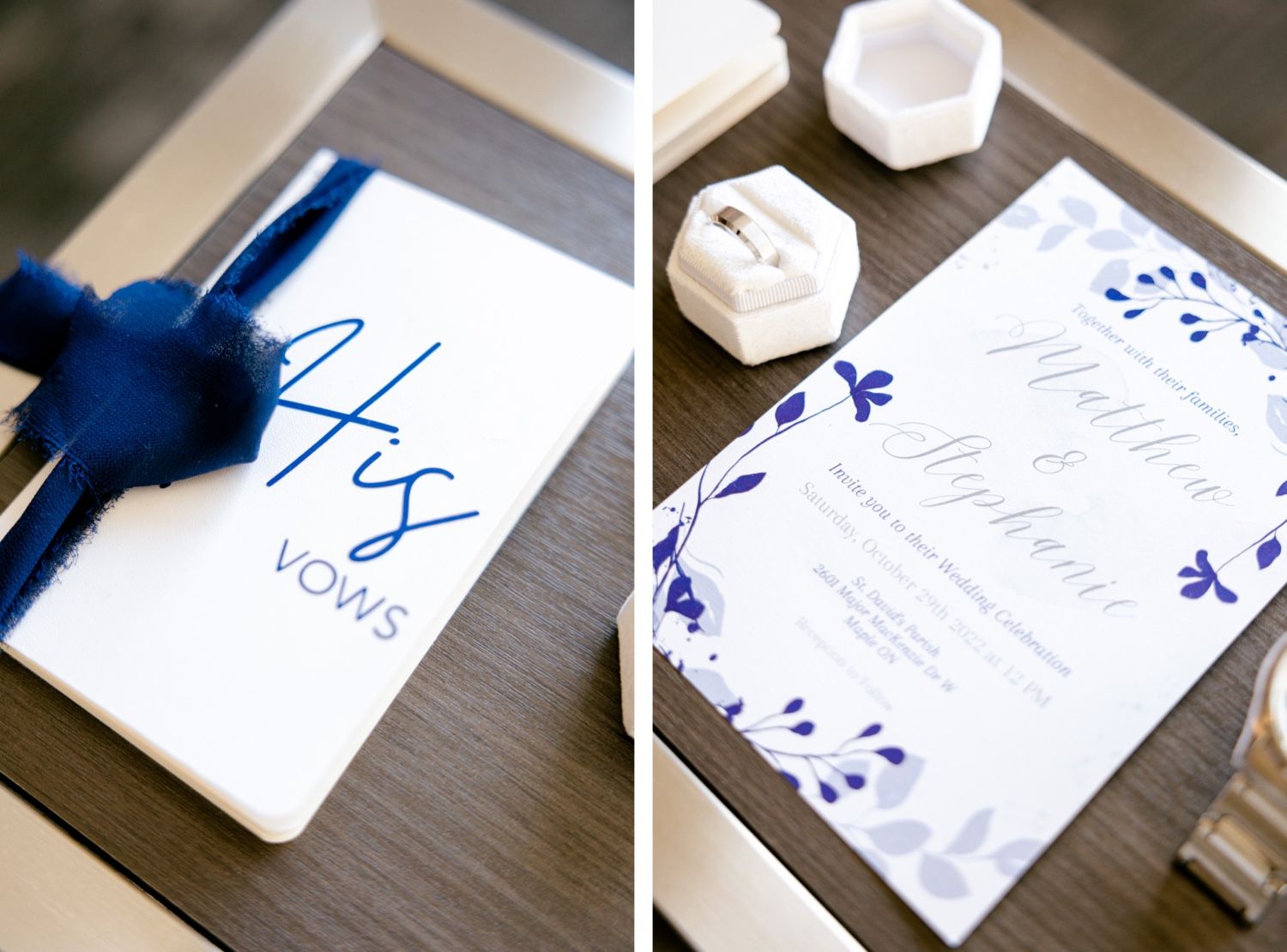 Wedding invitation suite featuring blue accents and floral design on gray background.
