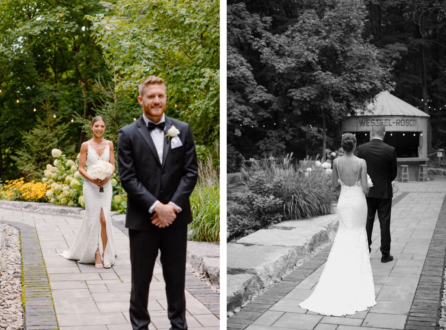 Side-by-side first look photos in color and black and white on garden pathway.