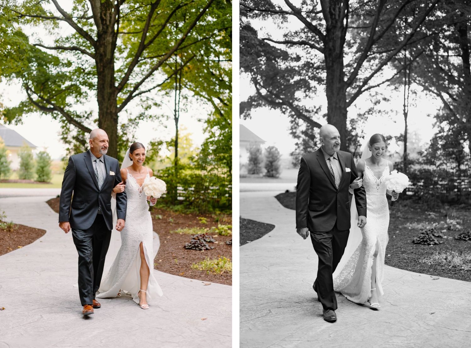 Wedding couple walking on curved path shown in color and black and white side by side.