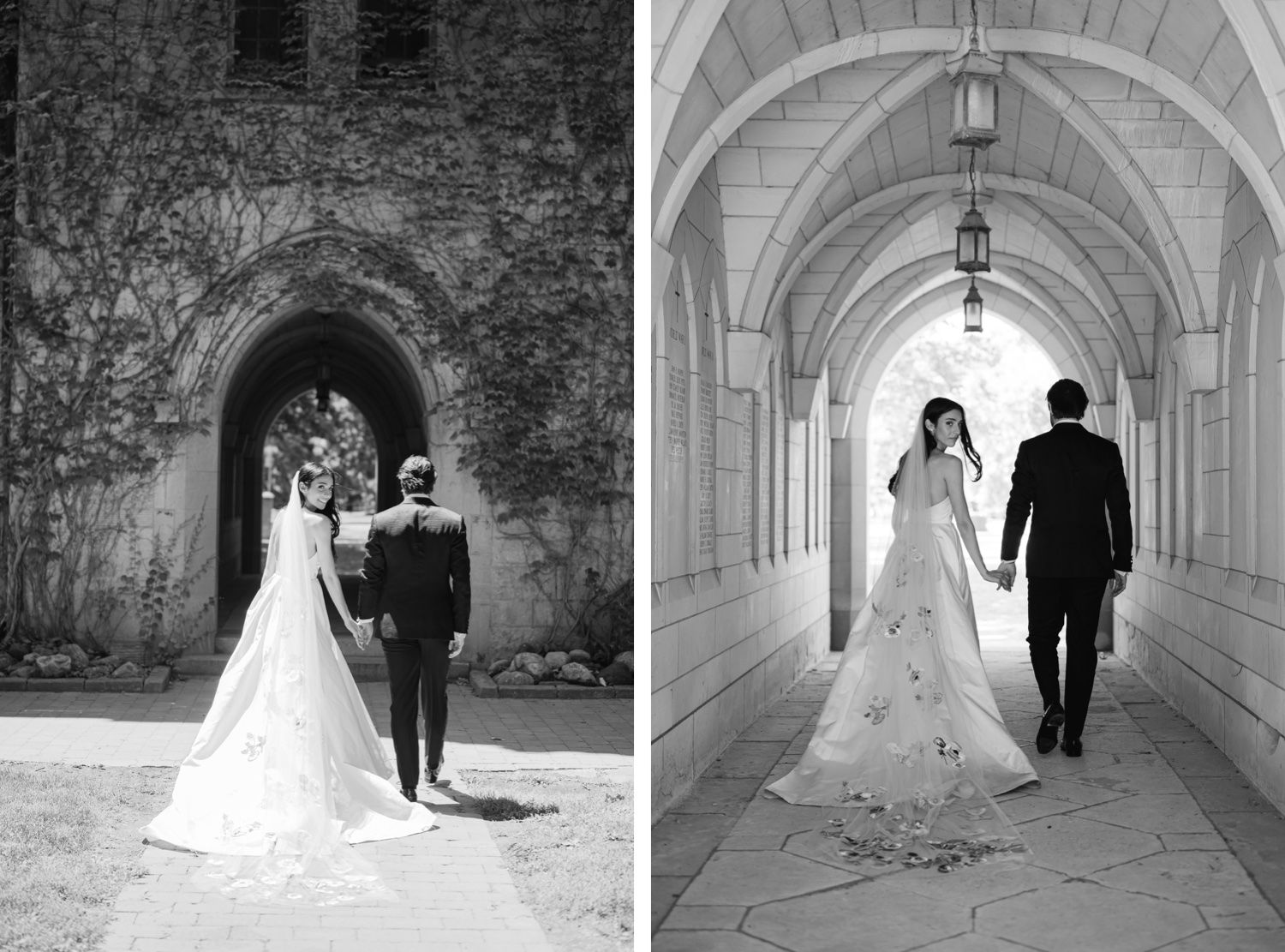 Two black and white wedding photos showing couples walking through historic archways.