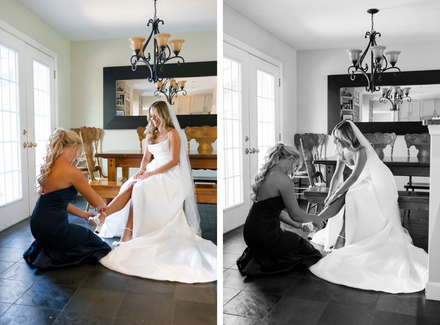 Wedding preparation moments captured in color and black and white with a chandelier in the background.