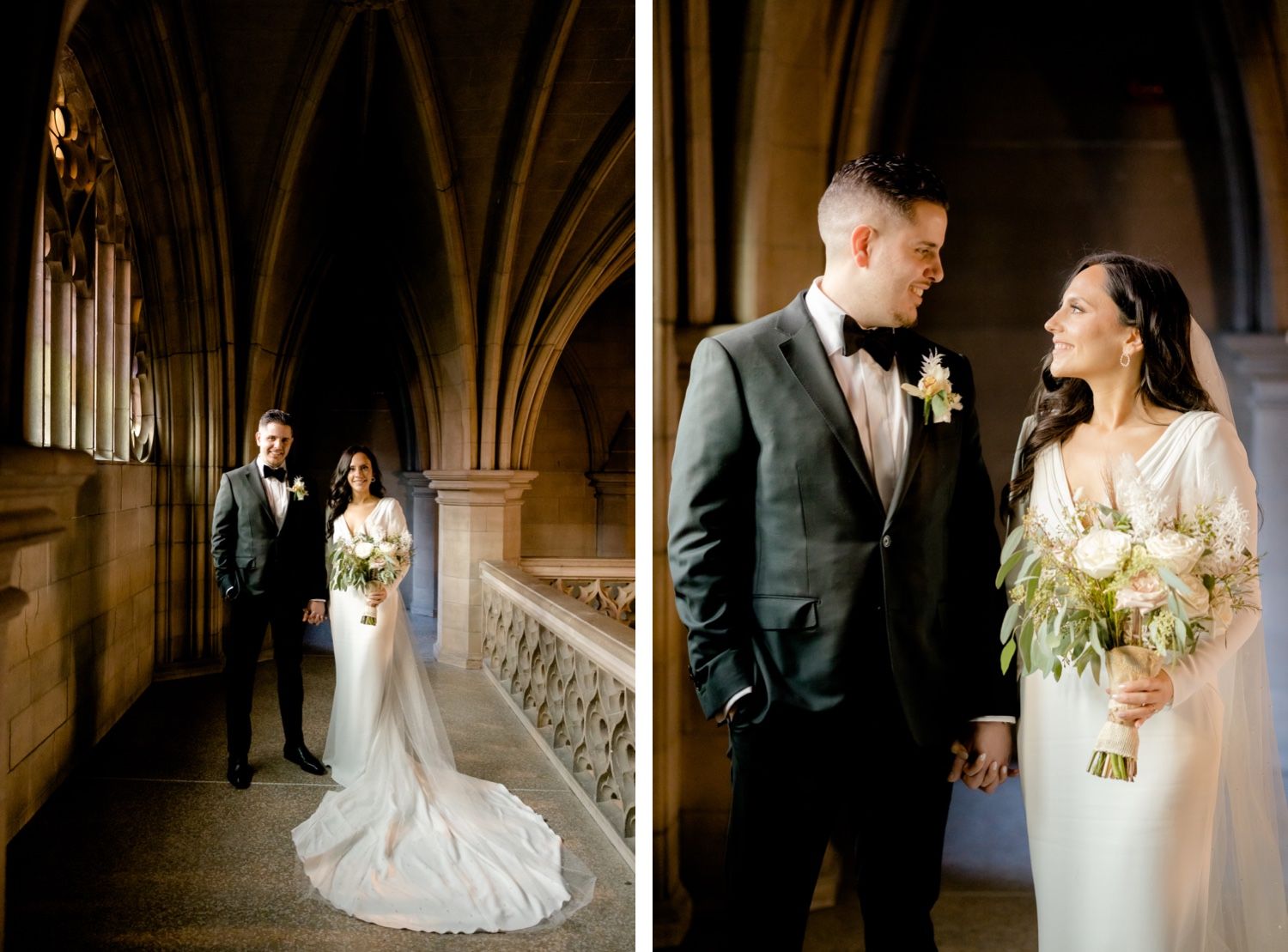 Bride and groom pose in an elegant gothic cathedral hallway with dramatic stone arches and lighting.
