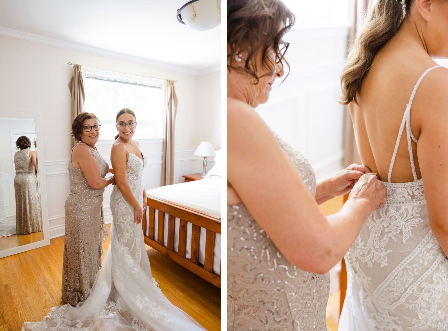 Side by side images showing wedding dress preparation and final adjustments.