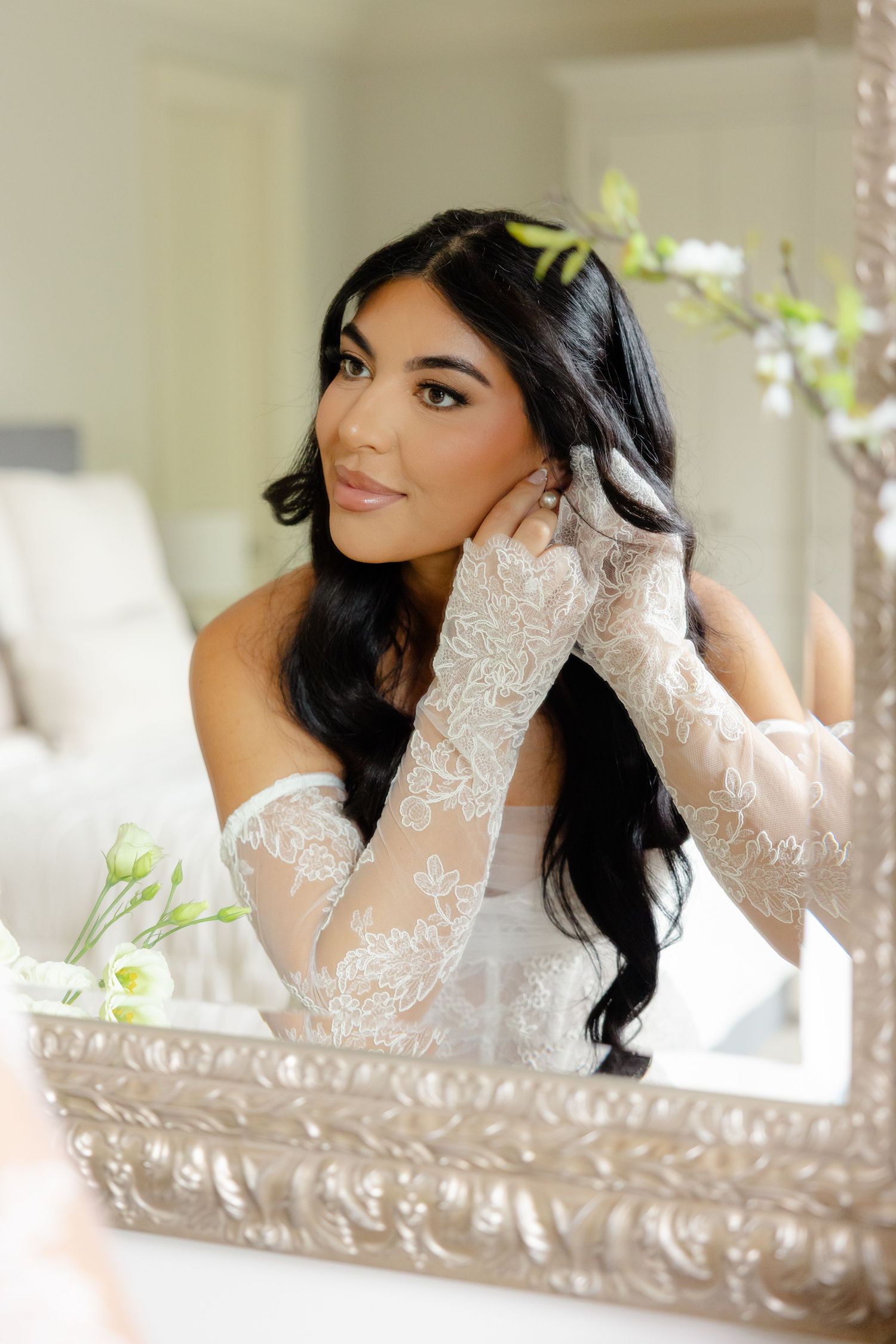 Three elegant portraits of someone wearing a delicate white lace top against a soft, naturally lit background.