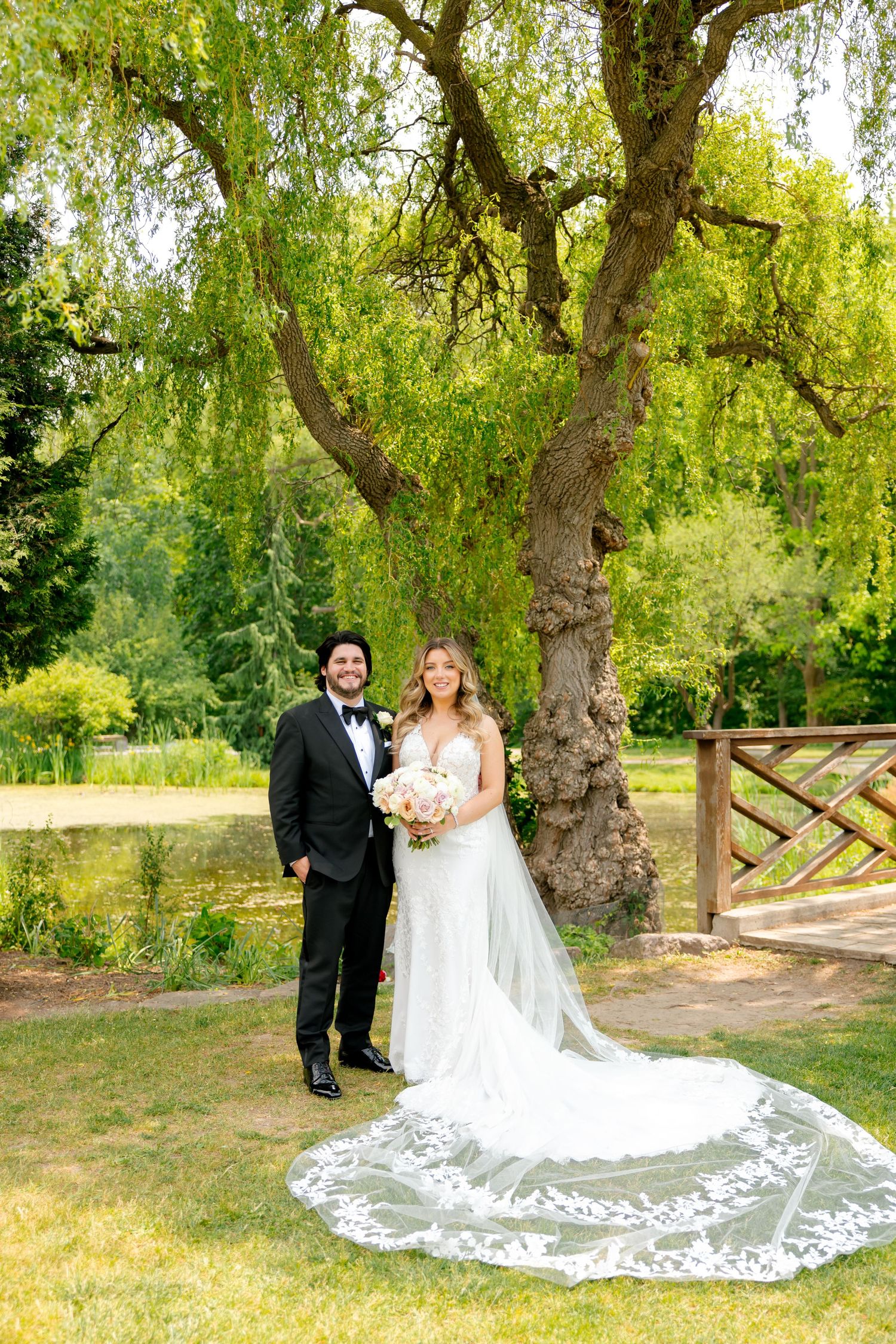 Wedding couple poses under weeping willow tree with dramatic cathedral veil spread out behind them.