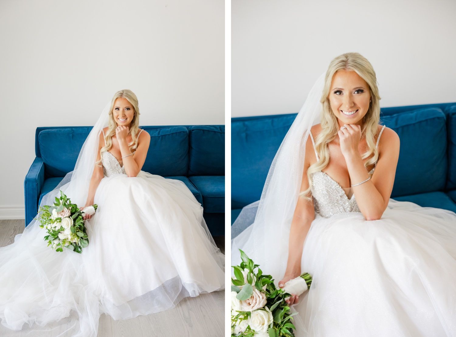 Beautiful bridal portrait with a voluminous white wedding gown and bouquet on a blue couch.