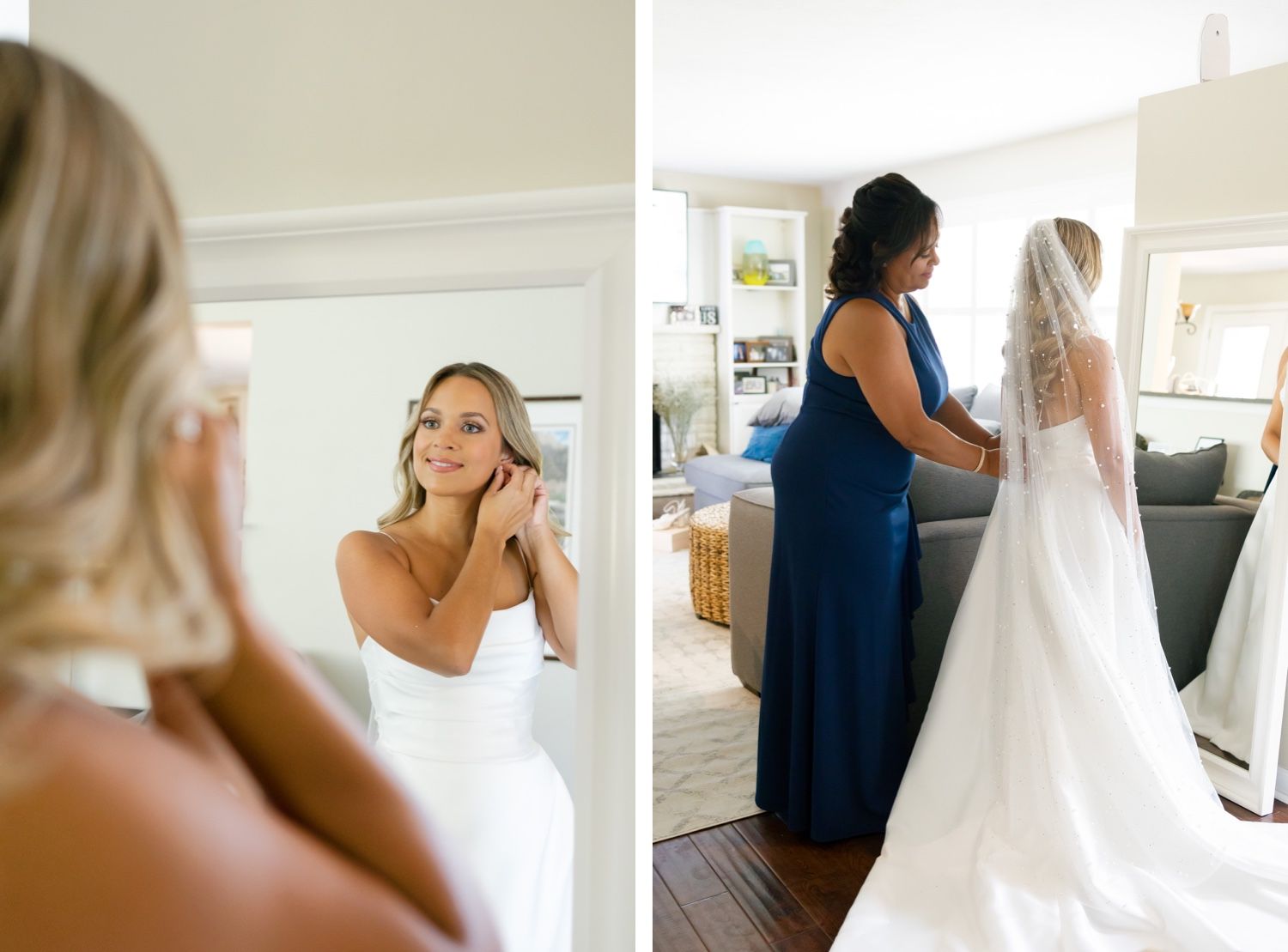 Getting ready scenes showing final touches of wedding preparation in a bright room.