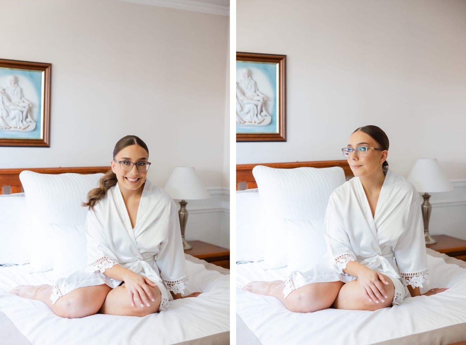 Getting ready scene in bright hotel room with white robes and wall art.