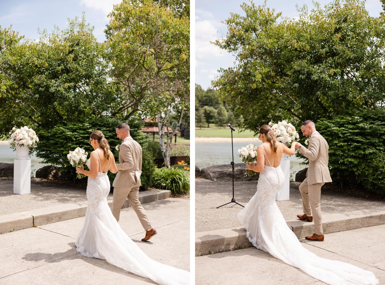 Beautiful outdoor wedding with decorative white floral arrangements and natural garden backdrop.