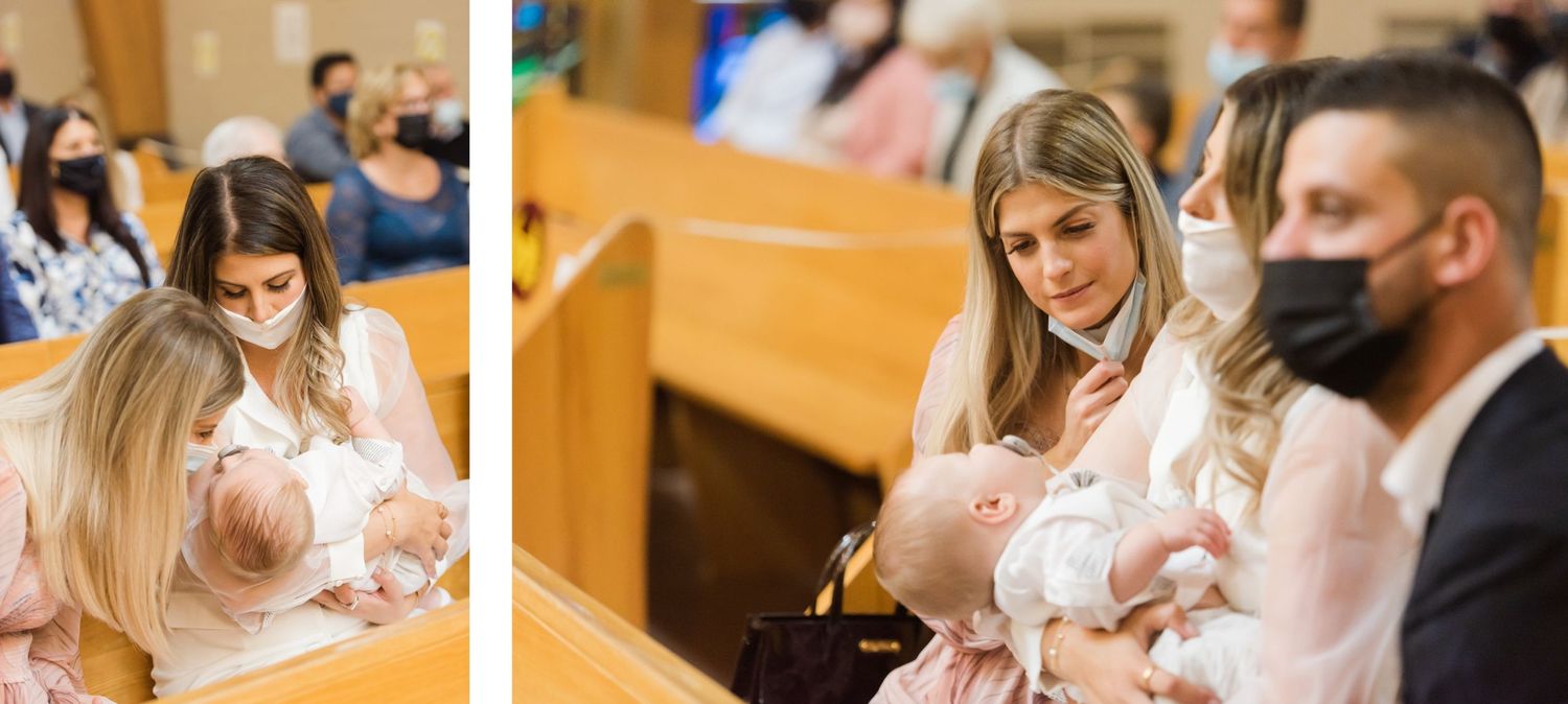 Two photos side by side showing baby being held during church baptism ceremony.