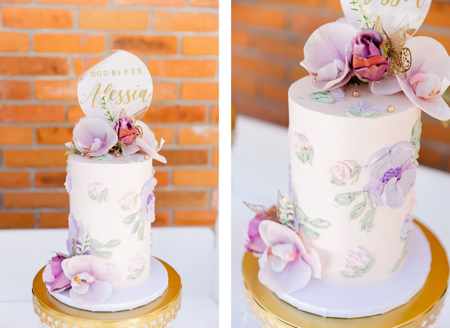 Two views of a delicate wedding cake with pastel floral designs and purple sugar flowers.