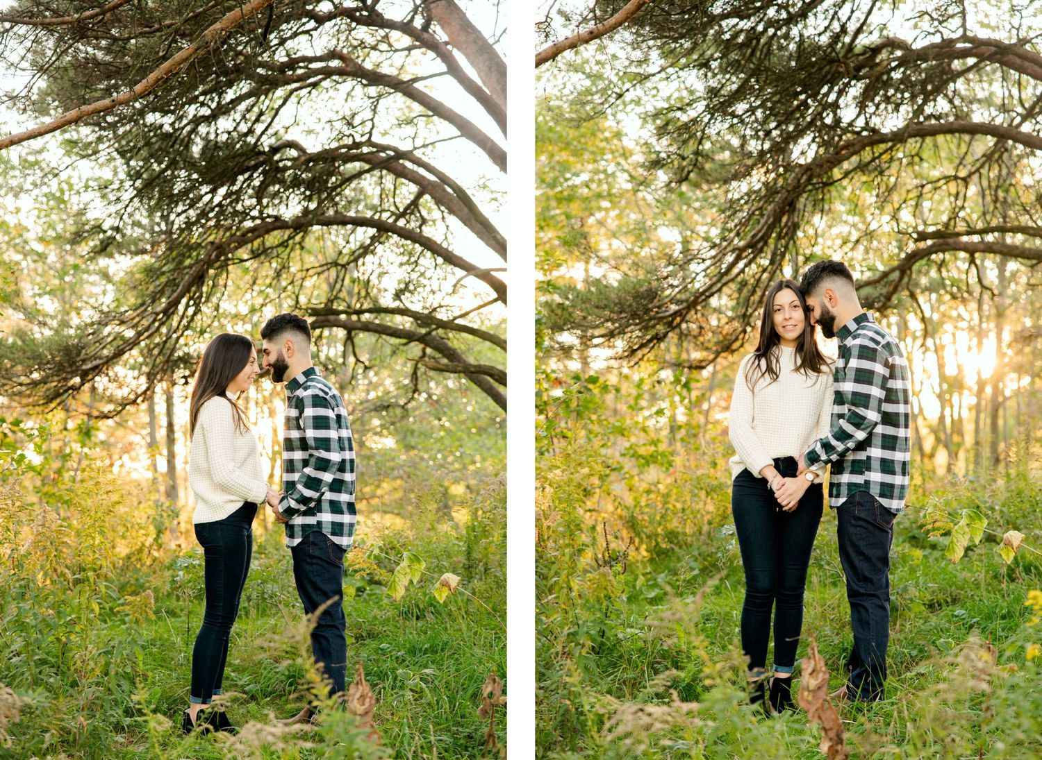 Side by side shots of couple posing under pine tree in golden evening light.