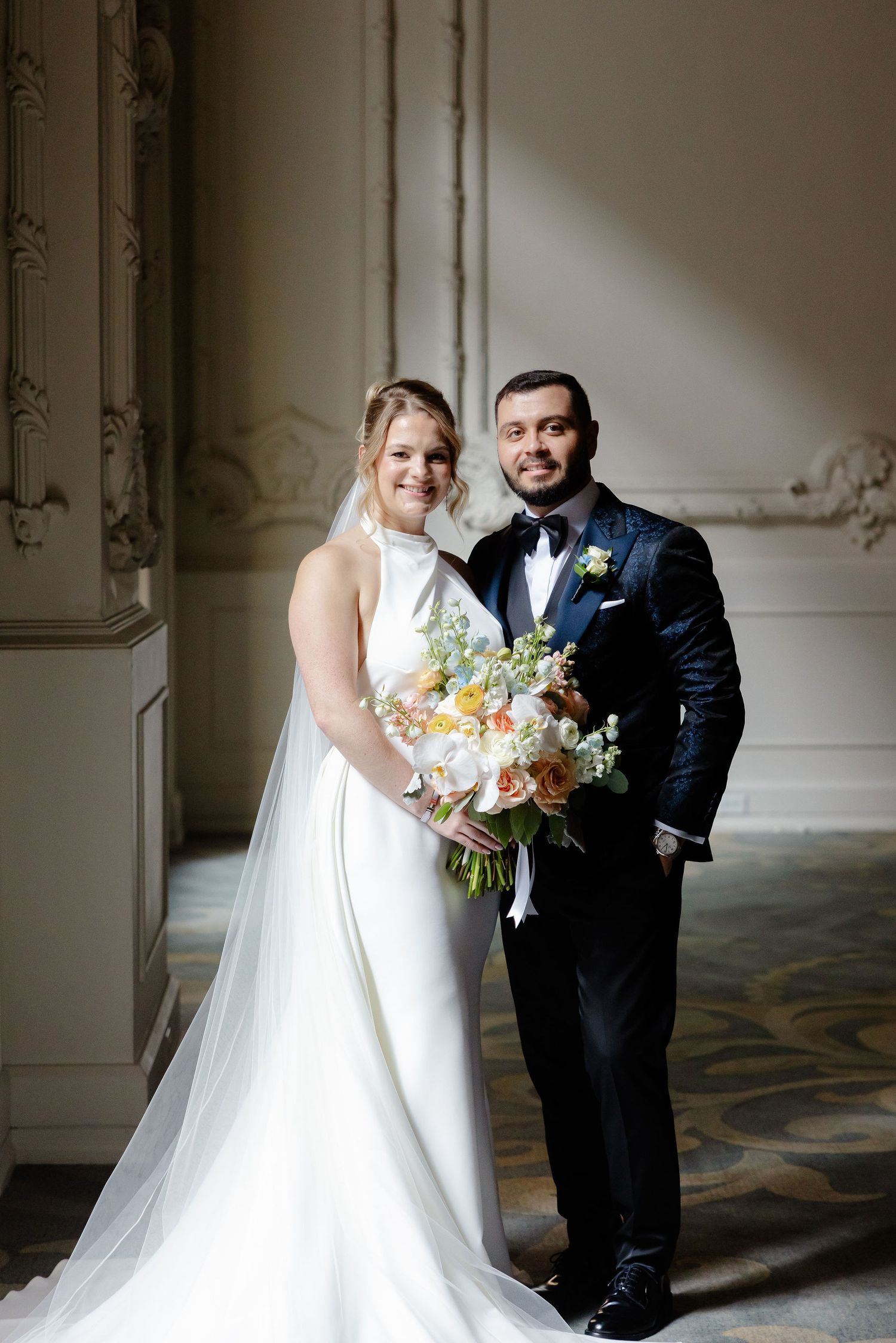 Series of wedding portraits showing couple in formal attire against classic architectural backdrop.